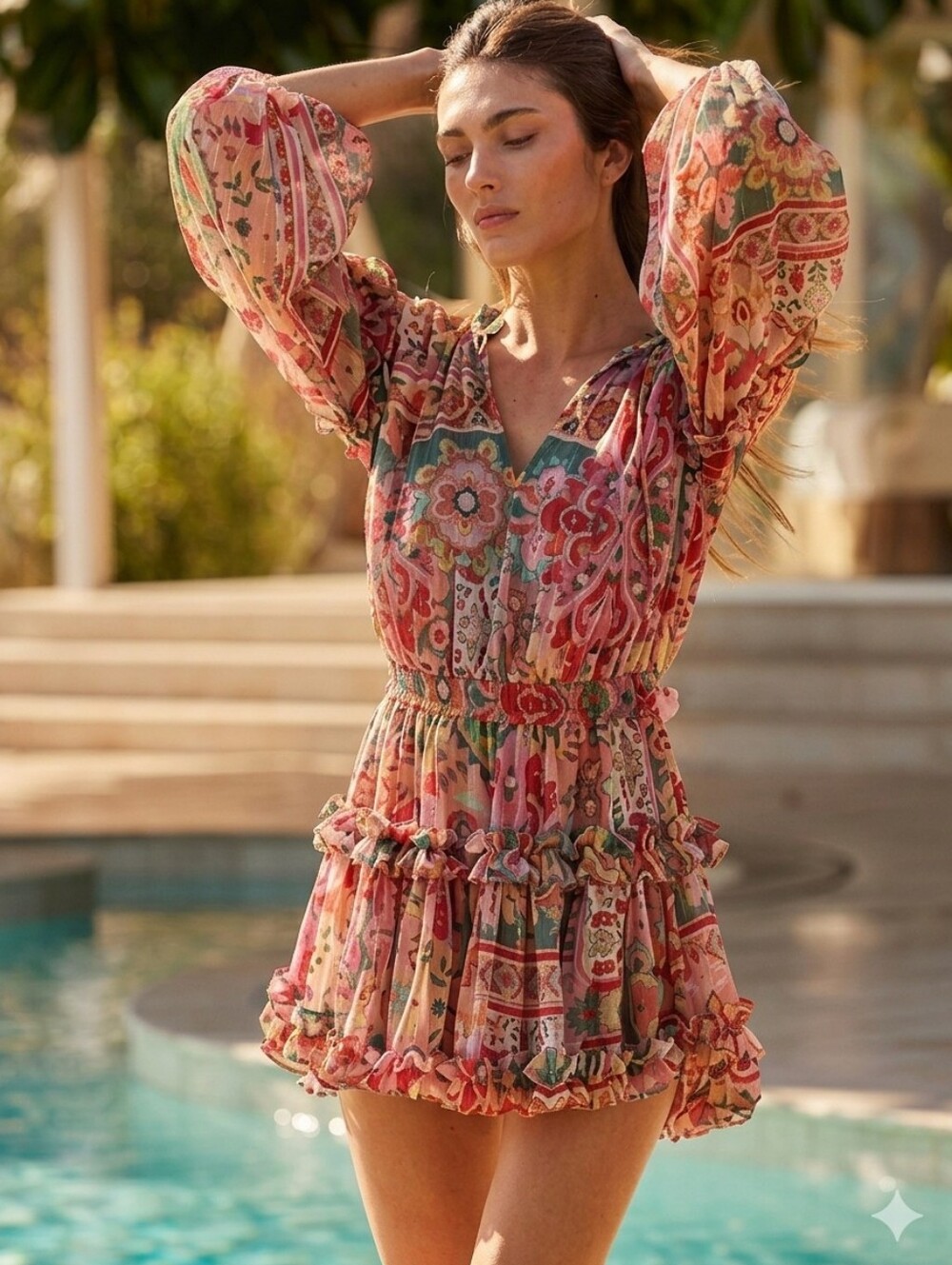 MISA Los Angeles Elena Patchwork Floral Ruffle Mini Dress Metallic Thread Size S